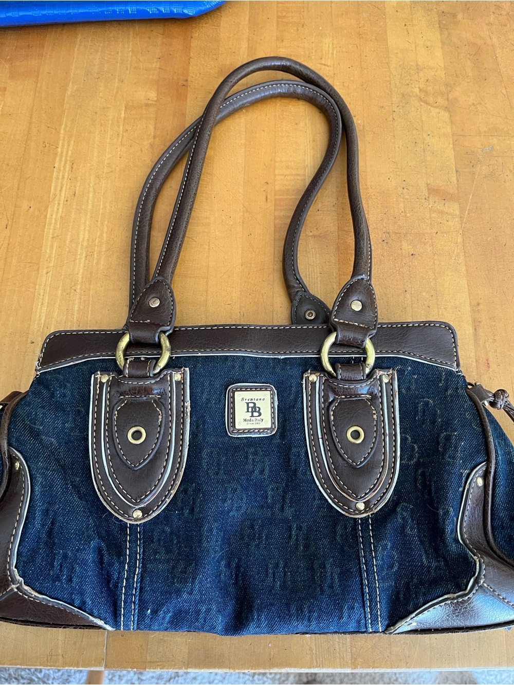 Brentano BB denim purse with Brown Leather Trim